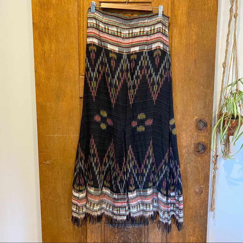 Cleobella maxi skirt strapless dress medium fringe ikat print black